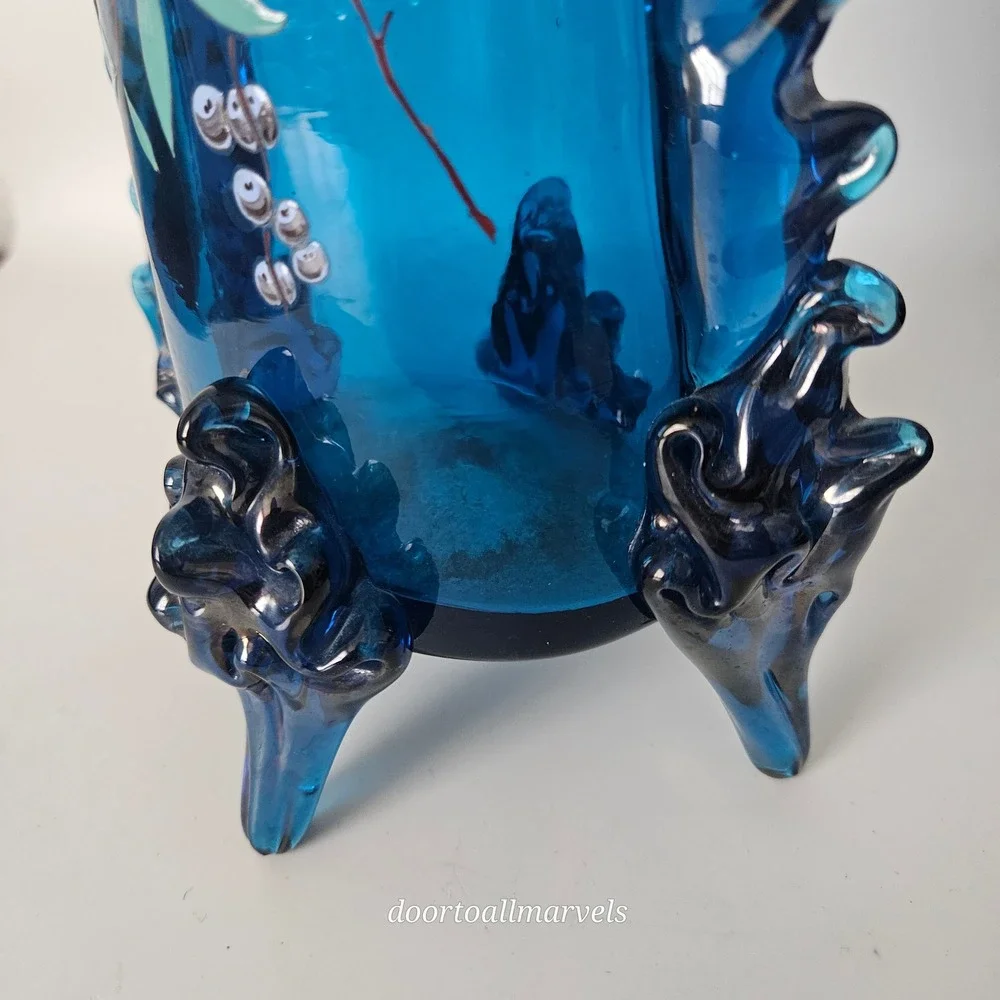 Auguste Jean Antique Blue Footed Vase Art Nouveau Enamel Paint Berries Tall 12